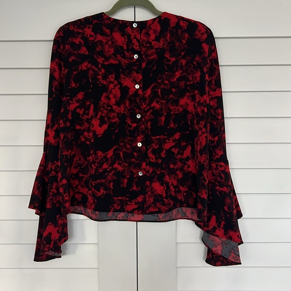 Red and black abstract rose open neck blouse with long ruffled bell slee… - Picture 2 of 4